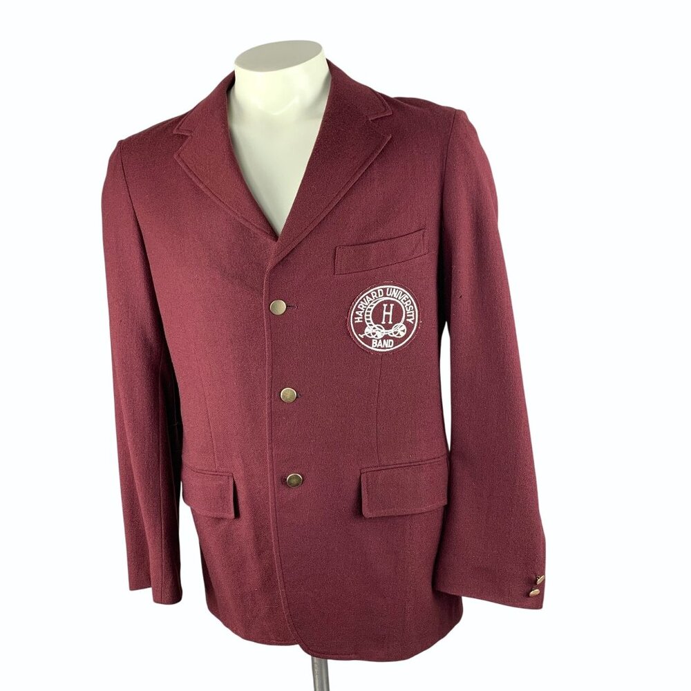 Vintage 80s Harvard Mens Wool Band Blazer Embroidered Logo Flawed w/ Moth Holes